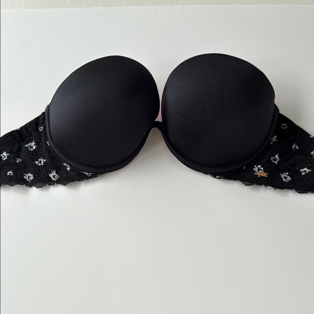 VICTORIA'S SECRET PINK BLACK STRAPLESS PUSH-UP PLUNGE BRA SIZE 32DD LACE